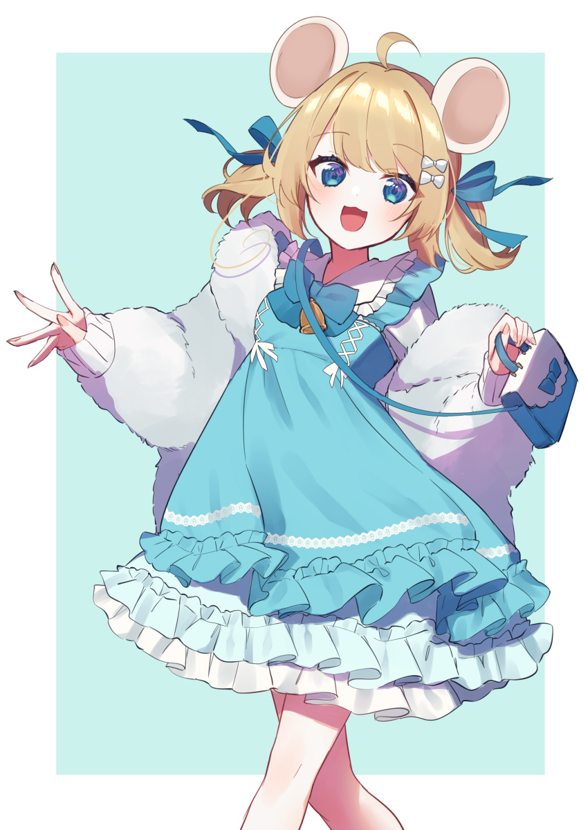 1girl :d absurdres ahoge animal_ears bag bangs blonde_hair blue_bow blue_eyes blue_ribbon blush bow dress eyebrows_visible_through_hair highres long_hair long_sleeves looking_at_viewer mochizuki_mochi open_mouth original ribbon shoulder_bag sleeves_past_wrists smile solo standing twintails white_bow