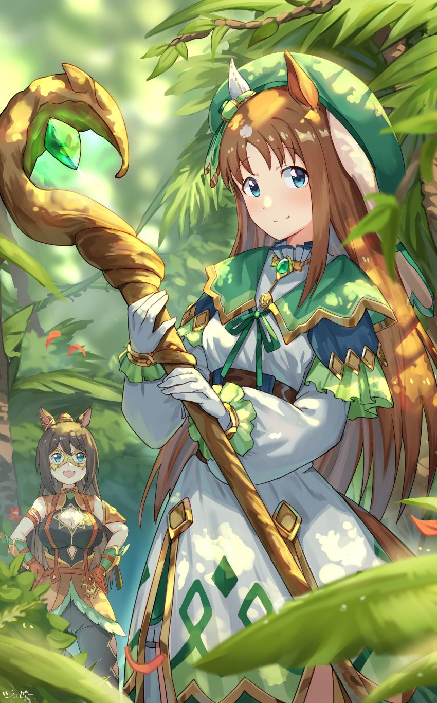 2girls :d absurdres animal_ears blue_eyes breasts brown_hair closed_mouth el_condor_pasa_(umamusume) forest gloves grass_wonder_(umamusume) green_headwear hands_on_hips hat highres holding holding_staff horse_ears horse_girl horse_tail jeze large_breasts long_hair long_sleeves looking_at_viewer mask multiple_girls nature open_mouth smile staff tail umamusume white_gloves