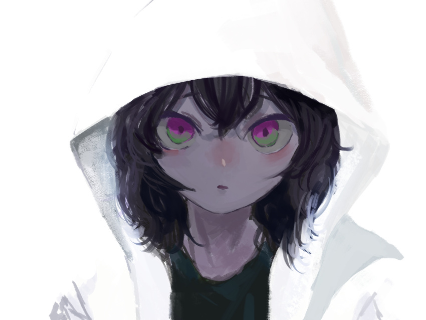 1girl bangs black_hair black_shirt commentary daruma_karei face green_eyes hair_between_eyes highres hood hood_up hoodie multicolored multicolored_eyes original parted_lips shirt short_hair simple_background solo upper_body violet_eyes white_background white_hoodie