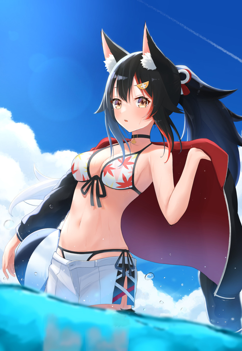 1girl absurdres animal_collar animal_ears ball beachball bikini black_collar black_hair black_jacket collar flipped_hair front-tie_bikini front-tie_top hair_ornament hairclip highres holding holding_ball hololive honome_sui jacket light_blush long_hair looking_at_viewer multicolored_hair ocean ookami_mio parted_lips ponytail redhead shorts side-tie_bikini solo streaked_hair string_bikini summer surprised swimsuit tail tail_around_leg tail_wrap very_long_hair virtual_youtuber wading white_bikini white_shorts wolf_ears wolf_girl wolf_tail yellow_eyes