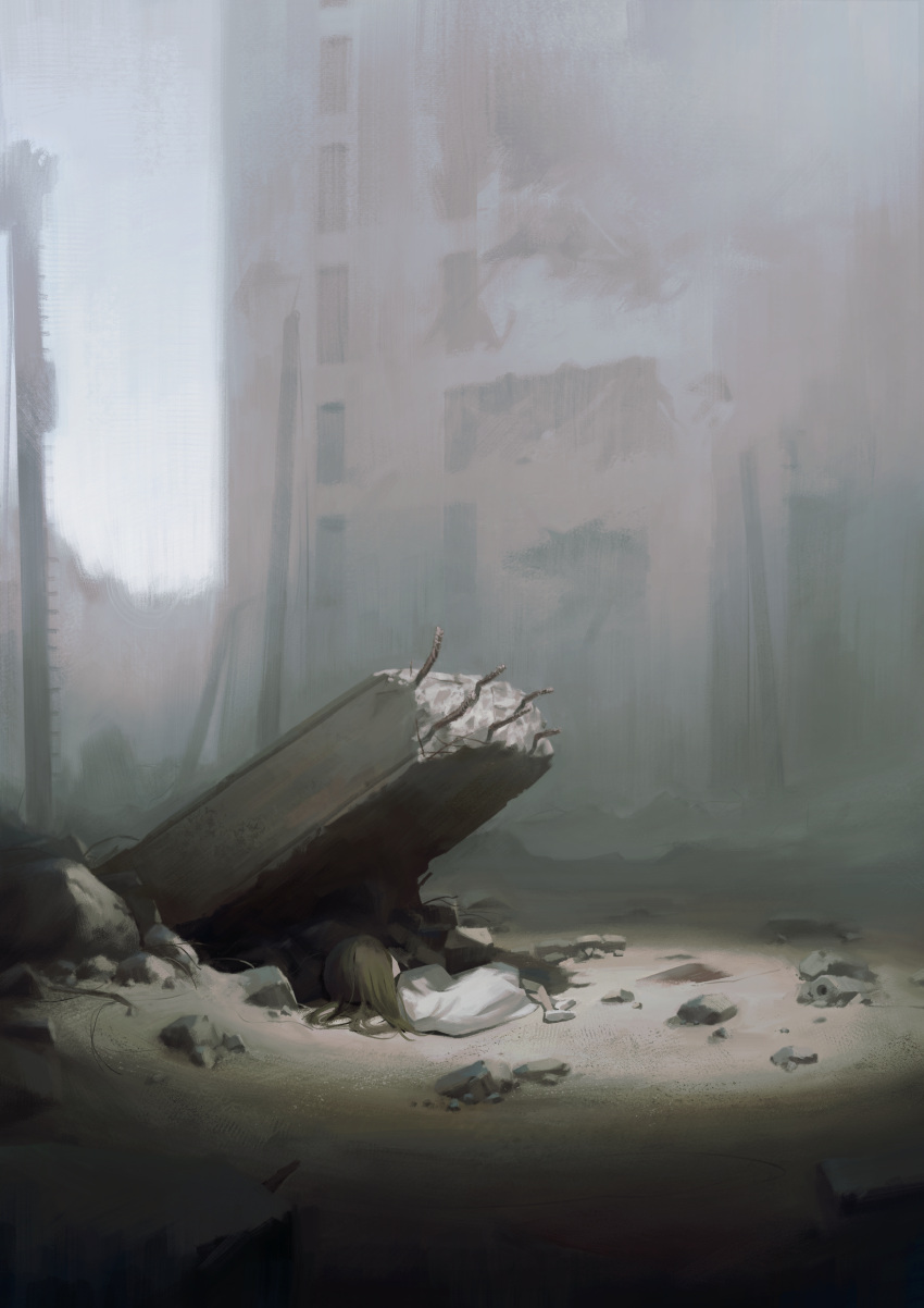 1girl absurdres brown_hair building child commentary day highres huge_filesize long_hair lying on_ground on_side original outdoors oversized_clothes oversized_shirt rubble ruins scenery shirt sky sleeping socks solo subfiction white_legwear white_shirt wide_shot