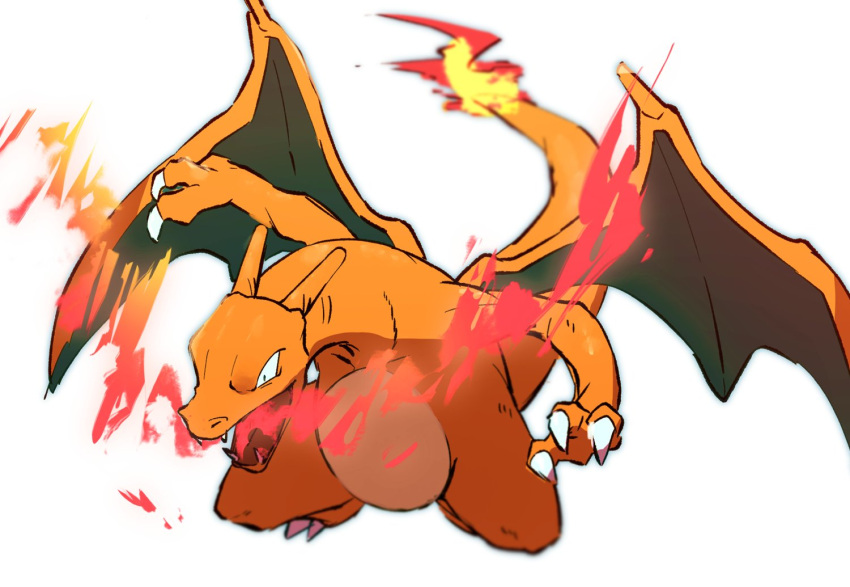 black_eyes blurry breathing_fire charizard claws fangs fire flame gen_1_pokemon morio_(poke_orio) no_humans open_mouth pokemon pokemon_(creature) simple_background solo white_background