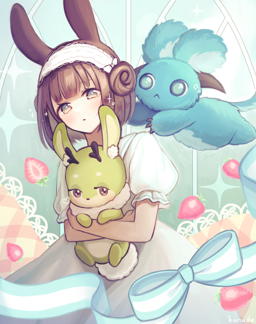 +_+ 1girl :&lt; absurdres animal_ear_fluff animal_ears animal_hug antlers artist_name bangs blue_bow blue_eyes blunt_bangs bow brown_eyes brown_hair bunny_tail commentary_request cryptid double_bun eyebrows_behind_hair food fruit highres hug jackalope kuroneko13x livly_island looking_at_viewer open_mouth puffy_short_sleeves puffy_sleeves rabbit rabbit_ears short_hair short_sleeves solo sparkle strawberry striped striped_bow tail