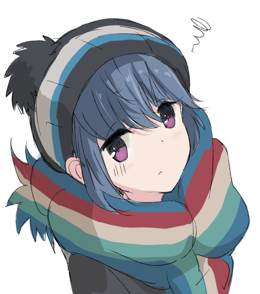 1girl bangs black_jacket blue_hair closed_mouth commentary_request core_(mayomayo) eyebrows_visible_through_hair eyes_visible_through_hair from_above highres jacket light_blush long_hair looking_at_viewer multicolored multicolored_clothes multicolored_scarf pom_pom_(clothes) pout scarf shadow shima_rin simple_background solo upper_body violet_eyes white_background woollen_cap yurucamp