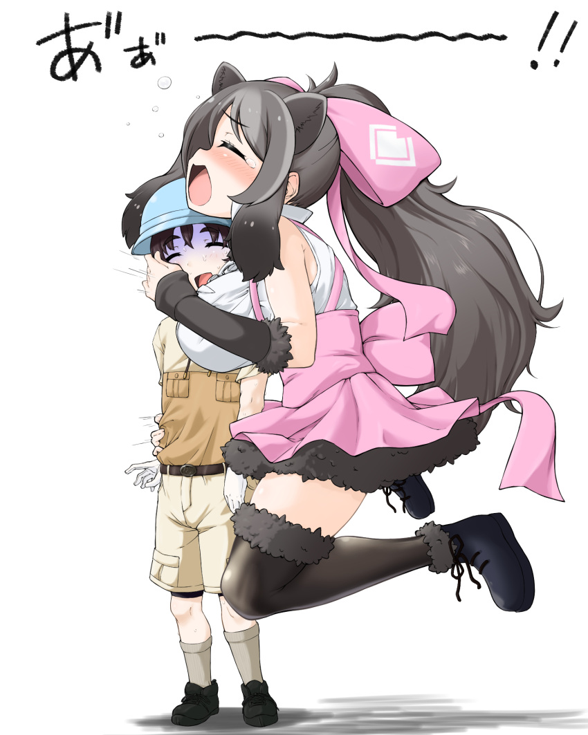 1boy 1girl angakoq animal_ears back_bow bare_shoulders bear_ears bergman's_bear_(kemono_friends) black_hair blush bow bracelet breast_smother breasts brown_hair captain_(kemono_friends) center_frills commentary_request extra_ears face_to_breasts frills full_body fur-trimmed_skirt fur_bracelet fur_trim furrowed_brow gloves grey_hair hair_bow height_difference high_ponytail highres hug huge_bow jewelry kemono_friends kemono_friends_3 large_breasts long_hair motion_lines multicolored_hair nose_blush open_mouth shirt shoes shorts sidelocks skirt sleeveless sleeveless_shirt smile socks standing sweat tearing_up thigh-highs turn_pale very_long_hair zettai_ryouiki