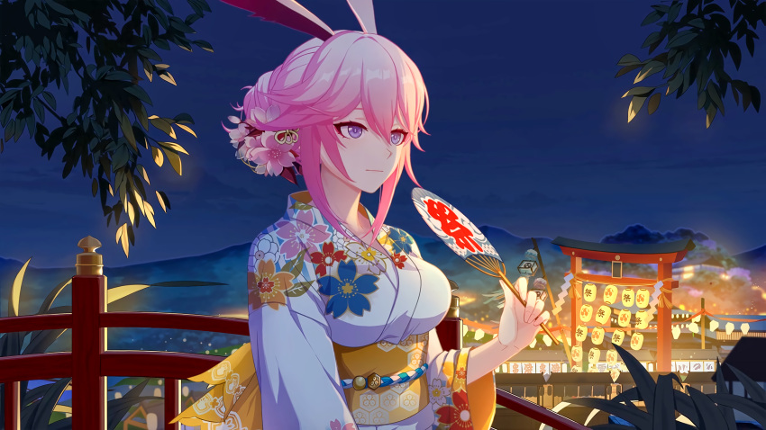 1065587906 1girl animal_ears bangs bridge closed_mouth fan fireworks floral_print flower hair_bun hair_flower hair_ornament highres holding holding_fan honkai_(series) honkai_impact_3rd japanese_clothes kimono lantern looking_ahead night night_sky obi outdoors paper_fan pink_hair rabbit_ears sash sidelocks sky solo torii tree uchiwa violet_eyes yae_sakura