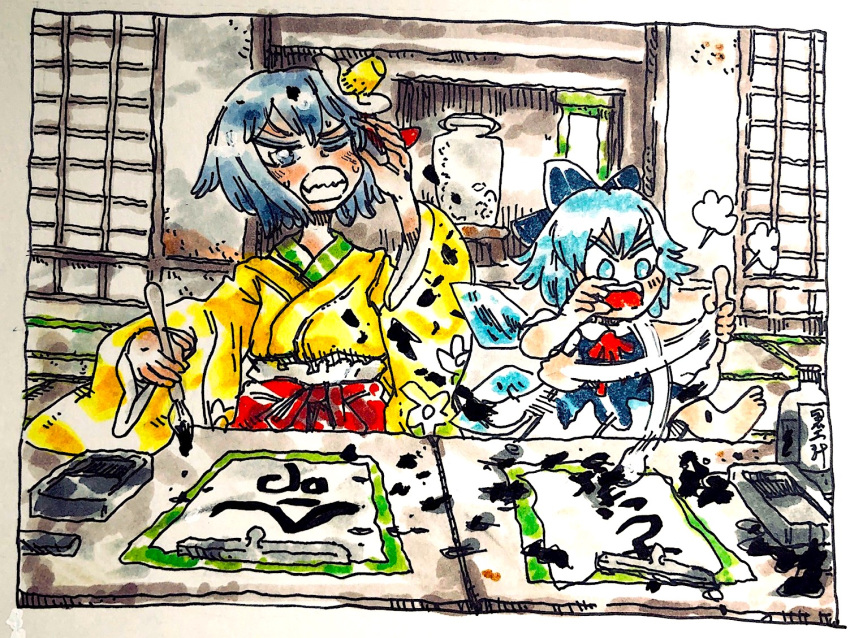 2girls angry barefoot blue_dress blue_hair cirno dress hieda_no_akyuu ice ice_wings indoors ink japanese_clothes kimono messy_room morinokirin multiple_girls one_eye_closed paint_splatter paintbrush purple_hair red_ribbon ribbon scroll splashing touhou translation_request wings yellow_kimono