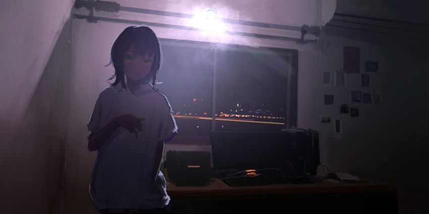 1girl :/ air_conditioner blue_eyes brown_hair cigarette_pack clock closed_mouth commentary daruma_karei hand_in_pocket hand_up highres holding_cigarette_box hood hood_down hoodie indoors looking_at_viewer medium_hair monitor multicolored multicolored_eyes night orange_eyes original picture_(object) short_sleeves solo upper_body white_hoodie