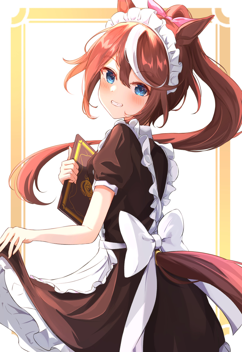 1girl alternate_costume animal_ears apron bangs blue_eyes blush bow breasts brown_dress brown_hair commentary cowboy_shot dress enmaided eyebrows_visible_through_hair floating_hair frilled_apron frilled_dress frills grin hair_between_eyes hair_ribbon hand_up high_ponytail highres holding holding_menu horse_ears horse_girl horse_tail looking_at_viewer looking_to_the_side maid maid_headdress menu multicolored_hair pink_ribbon ponytail puffy_short_sleeves puffy_sleeves ribbon short_sleeves simple_background skirt_hold sky_cappuccino smile solo streaked_hair tail tokai_teio_(umamusume) umamusume white_apron white_bow white_hair