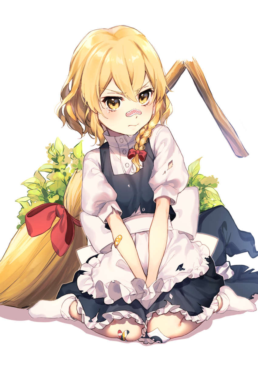 1girl absurdres apron bandaid bandaid_on_arm bandaid_on_knee bandaid_on_nose bangs black_dress black_headwear blonde_hair bow braid broom bush buttons closed_mouth crying dress eyebrows_visible_through_hair hair_between_eyes hair_bow hat highres jill_07km kirisame_marisa looking_at_viewer no_hat no_headwear no_shoes puffy_short_sleeves puffy_sleeves red_bow seiza shirt short_hair short_sleeves single_braid sitting socks solo tears touhou white_apron white_background white_bow white_legwear white_shirt white_sleeves witch_hat yellow_eyes