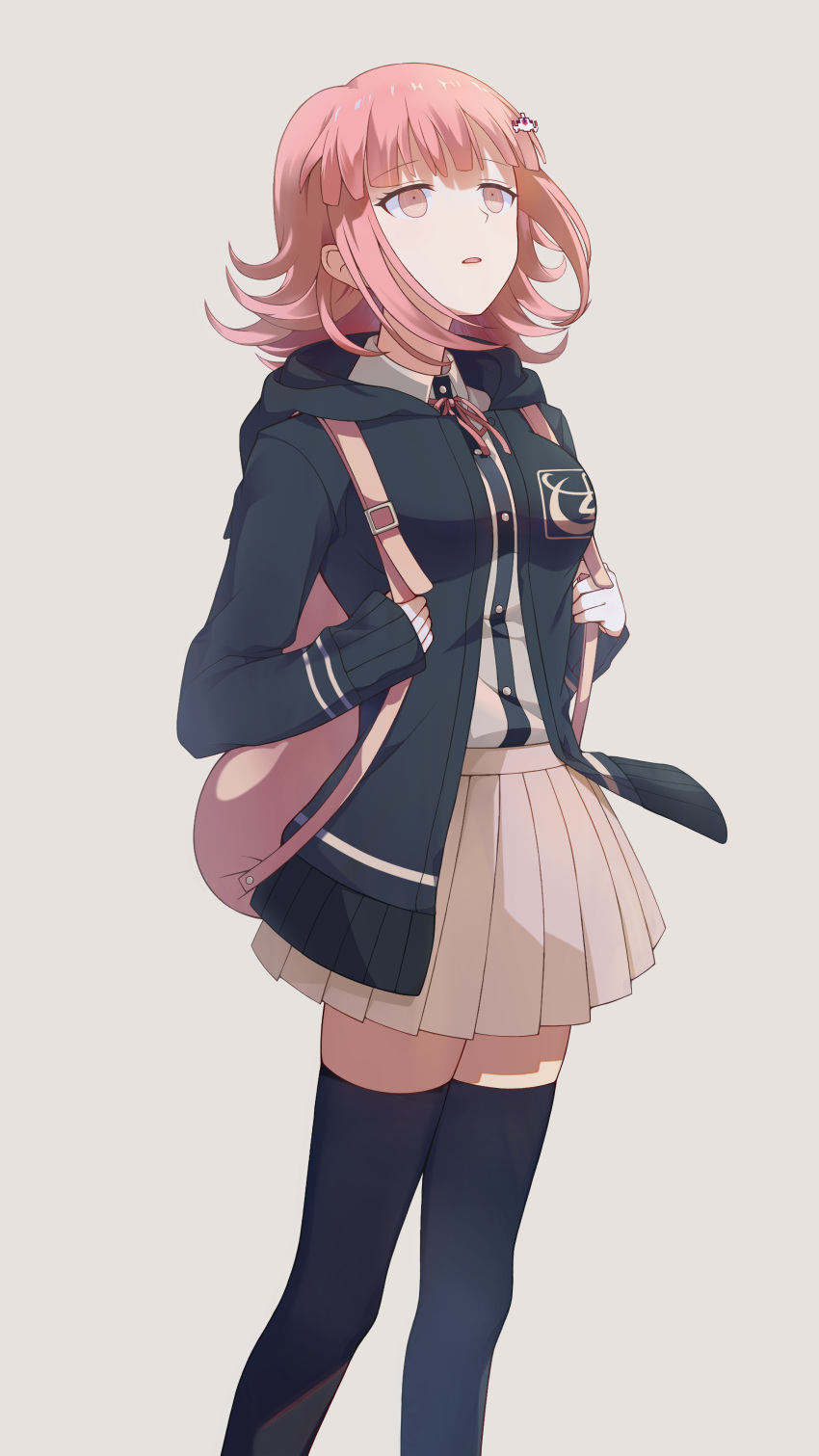 1girl absurdres backpack bag bangs black_legwear black_shirt breasts brown_skirt commentary_request dangan_ronpa_(series) dangan_ronpa_2:_goodbye_despair dress_shirt feet_out_of_frame flipped_hair hair_ornament hairclip highres hood hoodie jacket large_breasts long_sleeves looking_up medium_hair miniskirt nanami_chiaki neck_ribbon open_clothes open_jacket otomo_no_(chiku_wa) parted_lips pink_bag pink_eyes pink_hair pink_ribbon pleated_skirt ribbon shirt shirt_tucked_in short_hair skirt solo spaceship_hair_ornament thigh-highs two-tone_shirt white_shirt zettai_ryouiki