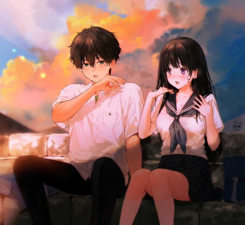 1boy 1girl artist_logo bag bangs black_hair black_pants black_skirt blue_bag blush breast_pocket breasts brown_hair chitanda_eru clouds collarbone collared_shirt day dress_shirt feet_out_of_frame green_eyes hand_up highres hyouka kneehighs long_hair medium_breasts mery_(yangmalgage) neckerchief open_mouth oreki_houtarou outdoors pants pocket sailor_collar school_uniform shirt short_hair sitting skirt sky violet_eyes wet wet_clothes white_legwear white_shirt