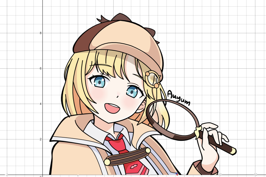 1girl auyum bangs blonde_hair blue_eyes cropped_torso deerstalker eyebrows_visible_through_hair graphing_calculator grid_background hand_up hat highres holding holding_magnifying_glass hololive hololive_english holomyth long_hair looking_at_viewer magnifying_glass making-of_available monocle necktie red_neckwear signature solo virtual_youtuber watson_amelia