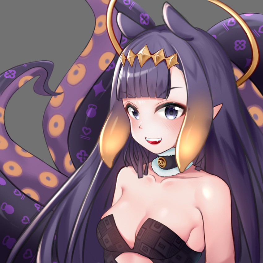 1girl :d alternate_breast_size bangs black_dress blue_eyes blunt_bangs breasts dress fang highres hololive hololive_english lolinnez. long_hair looking_at_viewer medium_breasts multicolored_hair ninomae_ina'nis open_mouth orange_hair pointy_ears purple_hair smile solo tako_(ninomae_ina'nis) tentacle_hair tentacles virtual_youtuber