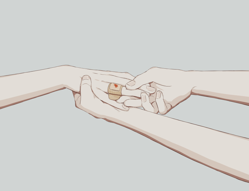 2others absurdres avogado6 bandaid bandaid_on_hand bleeding blood commentary_request fingernails from_side grey_background highres holding_hands multiple_others original pink_nails simple_background symbolism