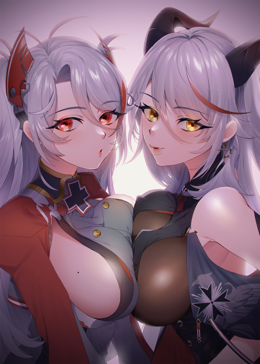 2girls aegir_(azur_lane) azur_lane bare_shoulders black_cape bodystocking breast_curtains breast_press breasts buttons cape cross cross_earrings demon_horns earrings eyebrows_visible_through_hair headgear highres horns impossible_clothes iron_cross jewelry large_breasts long_hair looking_at_viewer medal mimiko_(fuji_310) mole mole_on_breast multicolored_hair multiple_girls prinz_eugen_(azur_lane) purple_background red_eyes redhead sideboob simple_background streaked_hair symmetrical_docking twintails two-tone_hair white_hair yellow_eyes