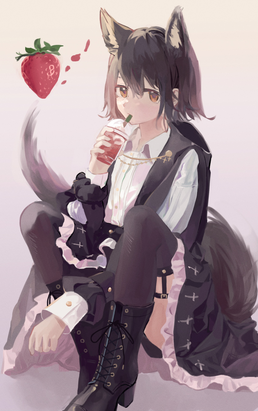 1girl animal_ears bangs black_footwear black_hair black_legwear black_skirt boots collared_shirt commentary_request drink drinking_straw_in_mouth food fox_ears fruit garter_straps gothic_lolita highres holding holding_drink k0tokay lolita_fashion long_sleeves looking_at_viewer medium_hair original red_eyes shirt sidelocks skirt solo strawberry tail white_background white_shirt