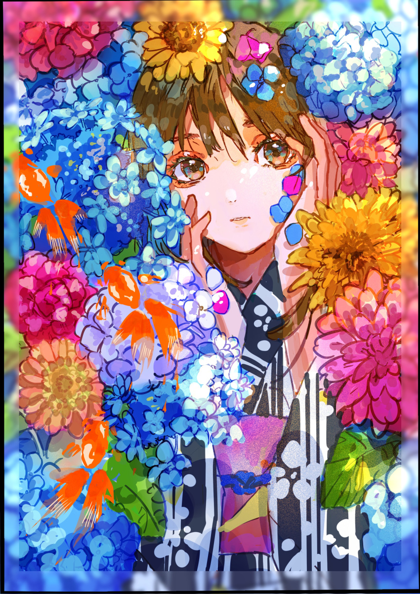 1girl absurdres bangs black_kimono blue_flower brown_eyes brown_hair commentary_request eyebrows_behind_hair flower hair_between_eyes hands_on_own_face hands_up highres hydrangea japanese_clothes kimono obi original parted_lips petals pink_flower purple_flower qooo003 sash solo summer upper_body yellow_flower