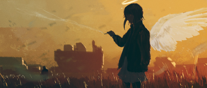 1girl 1other ambiguous_gender angel black_jacket building cigarette commentary cowboy_shot daruma_karei dress from_side grass halo hand_up highres holding holding_cigarette jacket long_sleeves open_clothes open_jacket original outdoors short_hair smoke smoking solo_focus white_dress wings