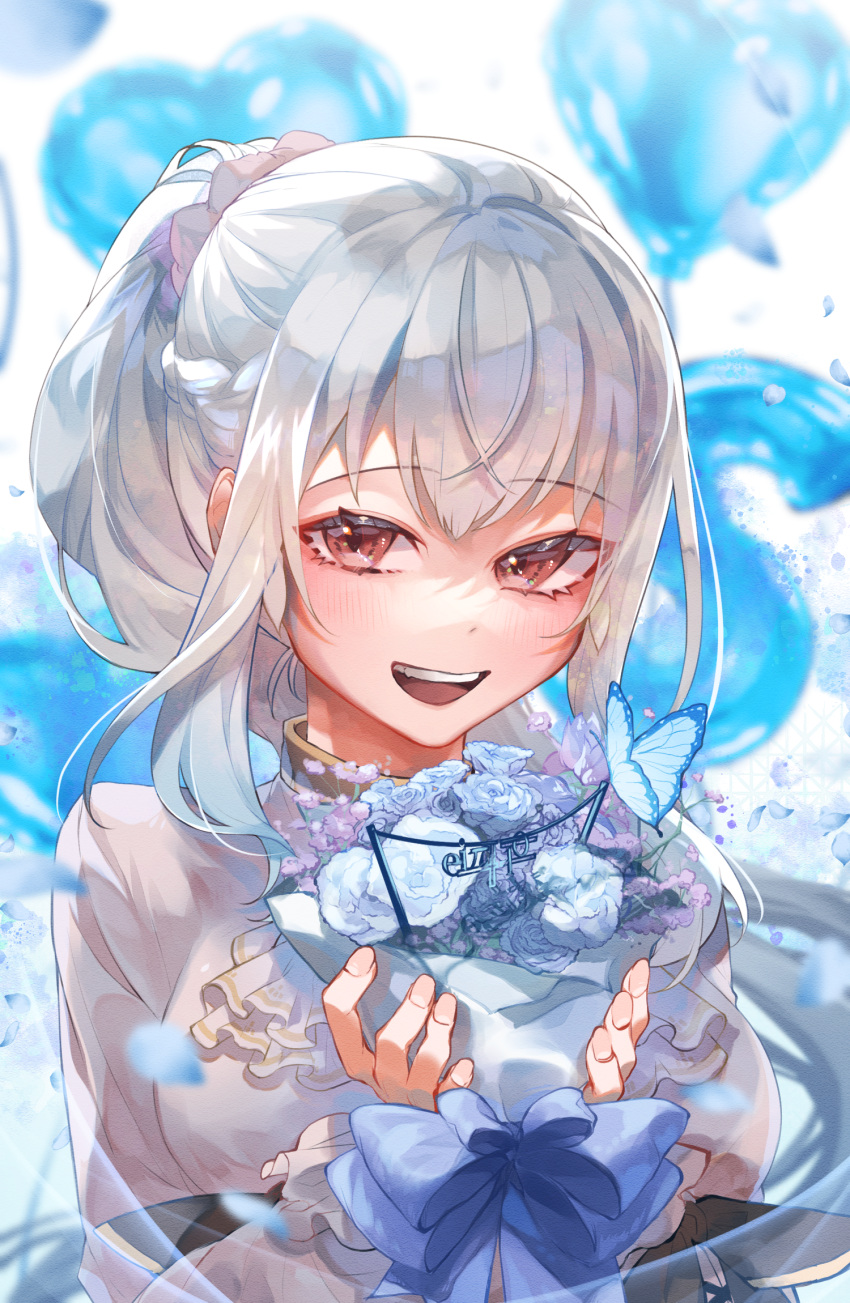1girl balloon bangs blue_bow blue_butterfly blue_flower blurry blurry_background blush bouquet bow breasts brown_eyes bug butterfly eyebrows_visible_through_hair flower hair_behind_ear hakase_fuyuki highres holding holding_bouquet insect karupisusawa looking_at_viewer medium_breasts nijisanji open_mouth ponytail smile solo virtual_youtuber