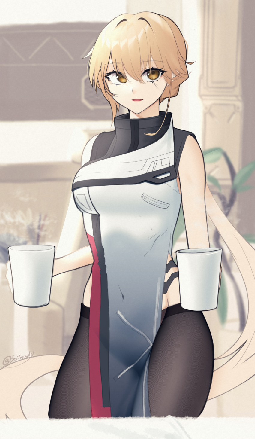 1girl alternate_costume artist_name black_legwear blonde_hair breasts coffee_mug commentary_request cup eyebrows_visible_through_hair girls_frontline girls_frontline_2:_exilium groin highres holding holding_cup lips long_hair looking_at_viewer medium_breasts mug open_mouth ots-14_(girls_frontline) pantyhose pelvic_curtain saturndxy simple_background solo steam very_long_hair yellow_eyes