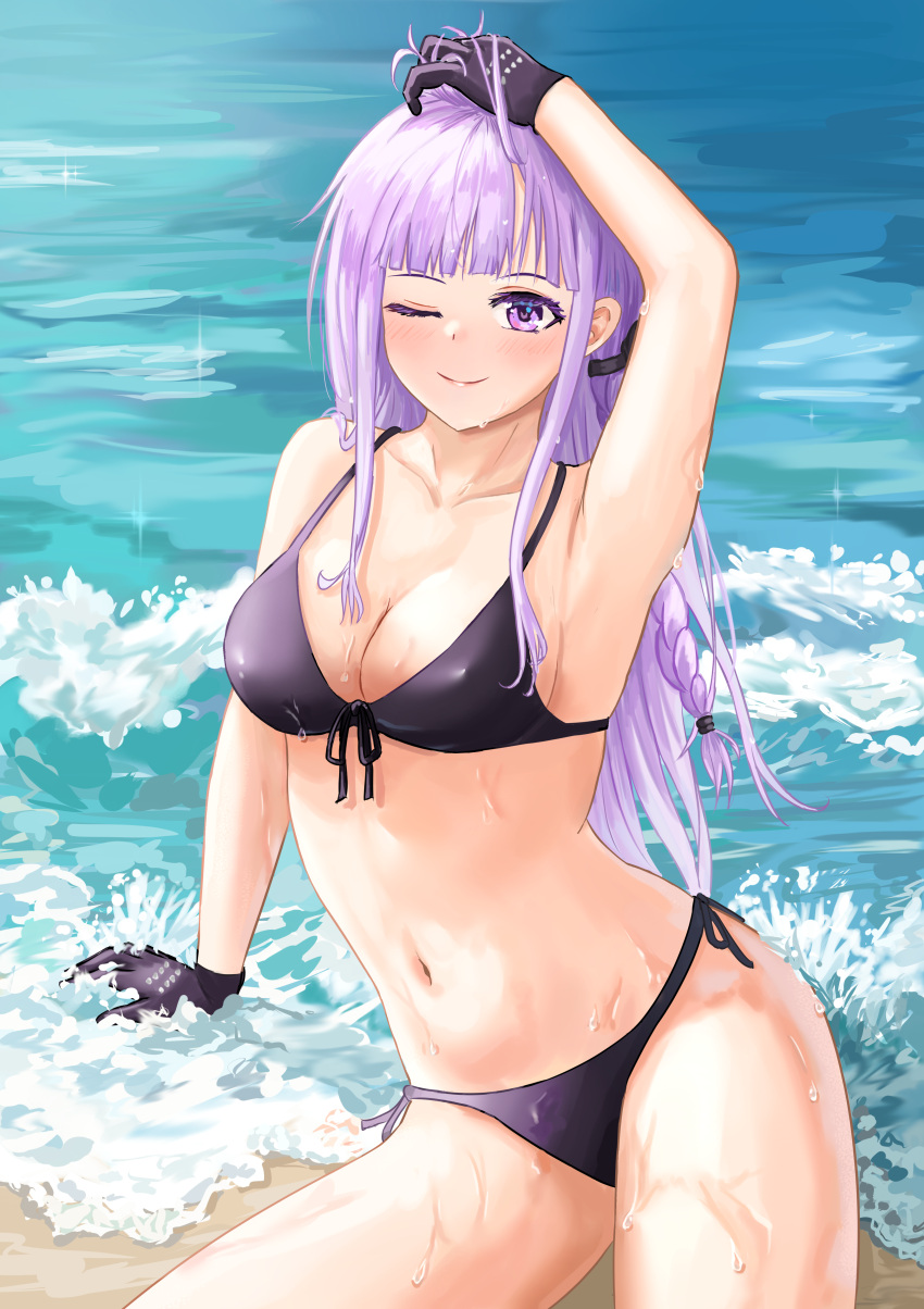 1girl absurdres arm_up bangs beach bikini black_bikini black_gloves blunt_bangs blush braid breasts closed_mouth collarbone dangan_ronpa:_trigger_happy_havoc dangan_ronpa_(series) dangan_ronpa_s:_ultimate_summer_camp english_commentary front-tie_bikini front-tie_top gloves hand_up highres kirigiri_kyouko long_hair looking_at_viewer navel one_eye_closed outdoors purple_hair raiiniichts ribbon side-tie_bikini sitting smile solo stomach swimsuit violet_eyes water wet wet_hair