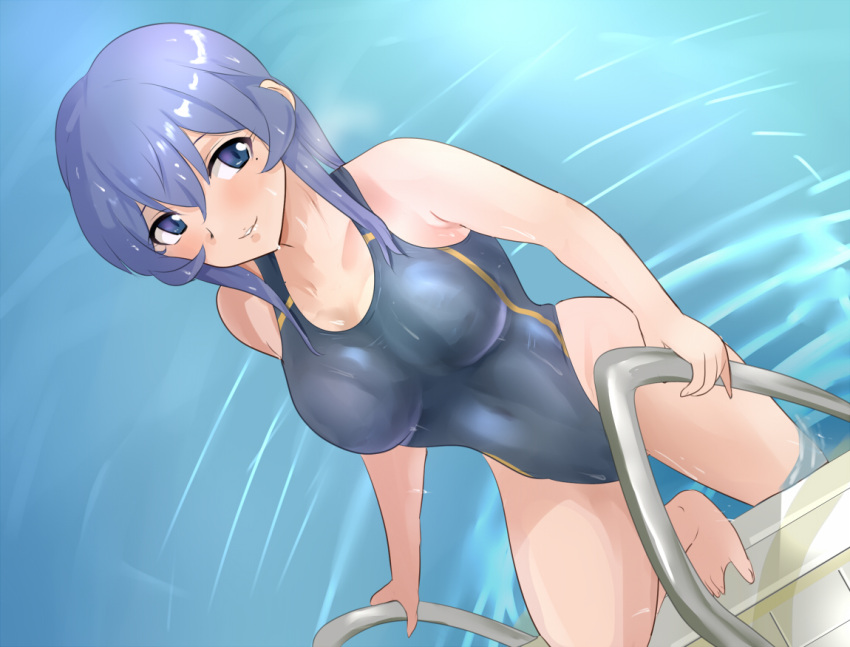 1girl alternate_breast_size alternate_costume blue_hair blue_swimsuit blush breasts collarbone competition_swimsuit from_above gotland_(kancolle) highleg kantai_collection large_breasts long_hair looking_at_viewer looking_up mole mole_under_eye one-piece_swimsuit pachio pool pool_ladder poolside ripples smile swimsuit wading water wet wet_clothes wet_swimsuit