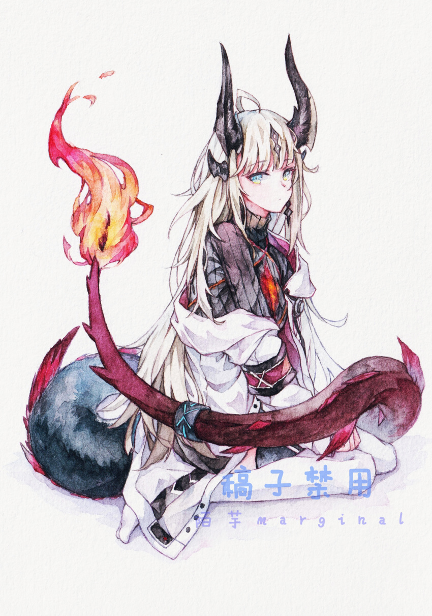 1girl absurdres ahoge arknights artist_name black_jacket blonde_hair chinese_commentary dragon_girl dragon_horns dragon_tail expressionless green_eyes hair_ornament highres horns infection_monitor_(arknights) jacket long_hair looking_at_viewer moyu_marginal off_shoulder open_clothes open_jacket reed_(arknights) simple_background sitting solo tail tail-tip_fire tail_strap thigh-highs traditional_media very_long_hair wariza watercolor_(medium) white_background white_jacket white_legwear