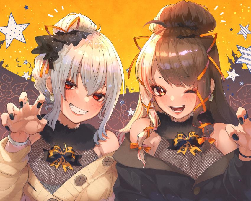 2girls bangs bat_hair_ornament beige_cardigan black_gloves black_jacket bracelet brown_hair cardigan claw_pose eyebrows_visible_through_hair fang gloves hair_behind_ear hair_bun hair_ornament hakase_fuyuki highres jacket jewelry karupisusawa multicolored_hair multiple_girls nijisanji off_shoulder one_eye_closed open_hand red_eyes redhead ring searrings silver_hair smile star_(symbol) streaked_hair virtual_youtuber yorumi_rena