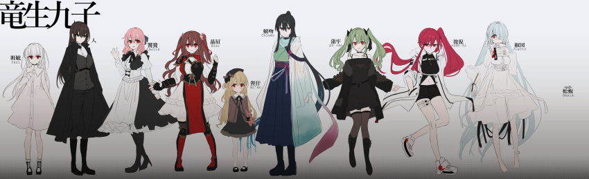 6+girls :d absurdres animal_bag apron bag bangs barefoot beret black_bow black_coat black_dress black_footwear black_gloves black_hakama black_headwear black_pants black_shorts blue_hair bobby_socks boots bow braid breasts brown_eyes brown_hair brown_legwear chihuri closed_mouth coat commentary_request dress eyebrows_visible_through_hair eyepatch fingerless_gloves gloves green_hair green_kimono grey_background grey_jacket grey_shirt hair_between_eyes hair_bow hair_over_one_eye hakama hand_in_pocket hand_up hat hat_bow high_heel_boots high_heels highres jacket japanese_clothes juliet_sleeves kimono long_hair long_sleeves looking_at_viewer medical_eyepatch medium_breasts multiple_girls navel obi off-shoulder_dress off_shoulder open_clothes open_coat open_jacket open_mouth original pants pantyhose parted_lips pelvic_curtain pink_hair puffy_sleeves red_eyes redhead sash shirt shoes short_shorts shorts shoulder_bag side_ponytail simple_background sleeves_past_wrists smile socks standing standing_on_one_leg thigh-highs translation_request twintails two_side_up very_long_hair white_apron white_dress white_hair white_legwear