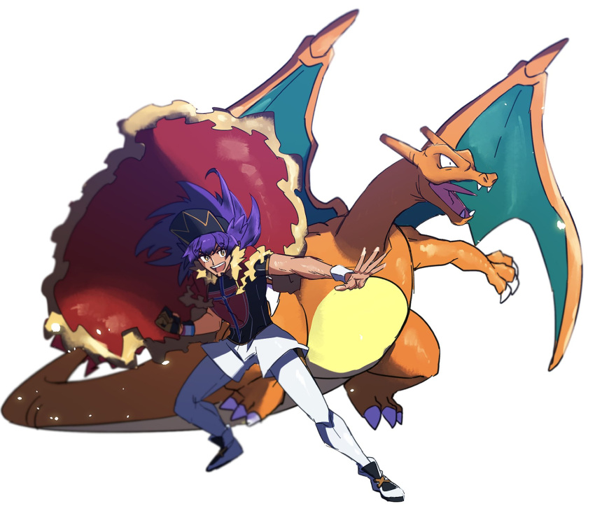 1boy :d bangs baseball_cap cape champion_uniform charizard claws clenched_hand dark-skinned_male dark_skin dynamax_band facial_hair floating_hair fur-trimmed_cape fur_trim gen_1_pokemon gloves hat highres leggings legs_apart leon_(pokemon) long_hair male_focus morio_(poke_orio) open_mouth pokemon pokemon_(creature) pokemon_(game) pokemon_swsh purple_hair red_cape shield_print shirt shoes short_shorts short_sleeves shorts simple_background single_glove smile spread_fingers standing sword_print tongue upper_teeth white_background white_legwear white_shorts white_wristband yellow_eyes