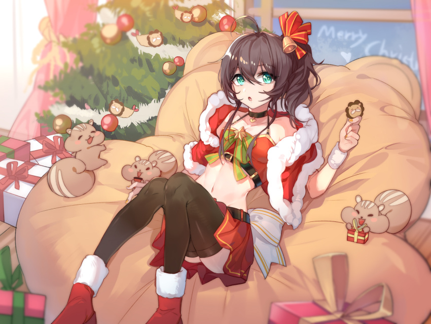 1girl ahoge bangs bell belt black_legwear blue_eyes brown_hair choker christmas christmas_ornaments christmas_tree dark_talker eyebrows_visible_through_hair fur_trim gift hair_between_eyes hair_ribbon highres hololive natsuiro_matsuri navel open_mouth ribbon solo squirrel virtual_youtuber