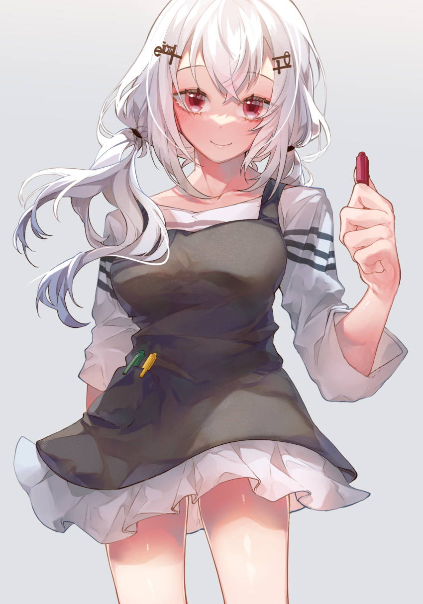 1girl bangs black_dress breasts collarbone dress eyebrows_visible_through_hair floating_hair grey_background grey_skirt hakase_fuyuki highres holding holding_pen karupisusawa looking_at_viewer medium_breasts nijisanji pen red_eyes shirt silver_hair skirt smile solo twintails virtual_youtuber white_shirt