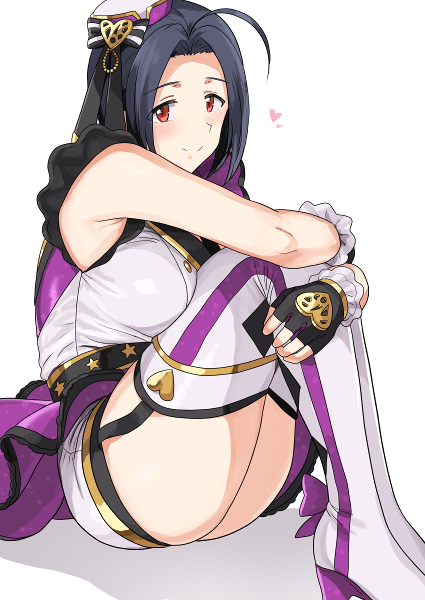 1girl ahoge armpits ass bangs black_hair blush boots breasts eyebrows_visible_through_hair fingerless_gloves frills garter_straps gloves hat high_heels highres idolmaster large_breasts legs_together medium_hair miura_azusa multicolored multicolored_clothes nose overskirt parted_bangs purple_skirt red_eyes shirt short_shorts shorts simple_background sitting skirt sleeveless sleeveless_shirt smile thigh-highs thigh_boots thighs top!_clover_(idolmaster) tsurui white_legwear