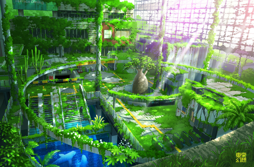 1other abandoned animal building cactus day dolphin fishing_line fishing_rod flower highres indoors no_humans original overgrown ruins scenery sign stairs sunlight tokyogenso train_station tree water white_flower
