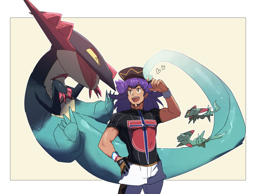 1boy :d ^_^ bangs baseball_cap blush border champion_uniform closed_eyes commentary_request dark-skinned_male dark_skin dragapult dreepy dynamax_band facial_hair gen_8_pokemon gloves hand_on_hip hand_up hat heart highres leggings leon_(pokemon) long_hair looking_up male_focus morio_(poke_orio) open_mouth outside_border pokemon pokemon_(creature) pokemon_(game) pokemon_swsh purple_hair shield_print shirt short_shorts short_sleeves shorts single_glove smile sword_print tongue upper_teeth white_border white_legwear white_shorts yellow_eyes