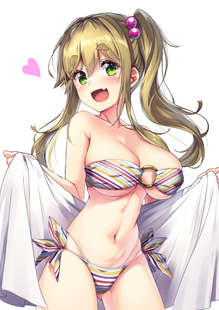 1girl bangs bikini brown_hair contrapposto cowboy_shot eyebrows_visible_through_hair fang green_eyes highres inuyama_aoi kuromasu long_hair looking_at_viewer o-ring o-ring_bikini side-tie_bikini side_ponytail simple_background skin_fang smile solo striped striped_bikini swept_bangs swimsuit thick_eyebrows towel white_background white_towel yurucamp