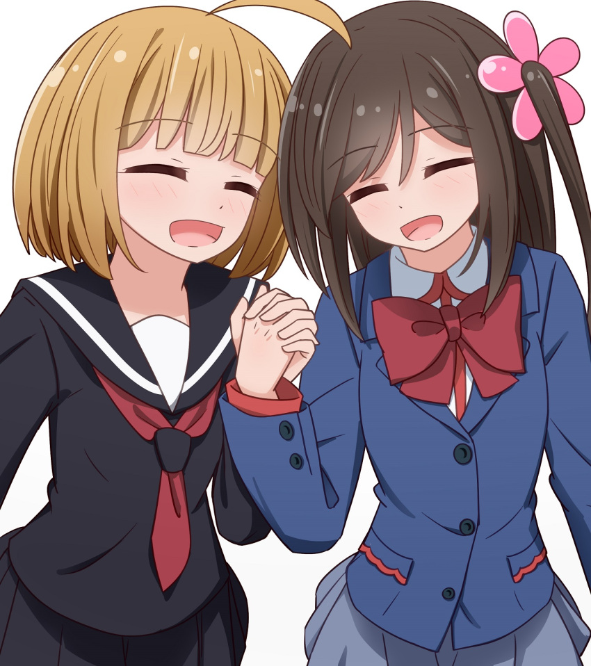 2girls ahoge blush bow brown_hair closed_eyes cowboy_shot flower hair_flower hair_ornament highres hitori_bocchi hitoribocchi_no_marumaru_seikatsu holding_hands interlocked_fingers light_brown_hair long_hair miruzawa_akechi multiple_girls open_mouth school_uniform serafuku short_hair simple_background skirt smile white_background yawara_kai yuri