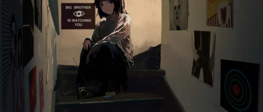 1984 1girl black_hair black_pants blurry closed_mouth commentary daruma_karei depth_of_field full_body highres indoors long_sleeves looking_at_viewer original pants poster_(object) radio shirt short_hair sitting smile solo stairs white_shirt