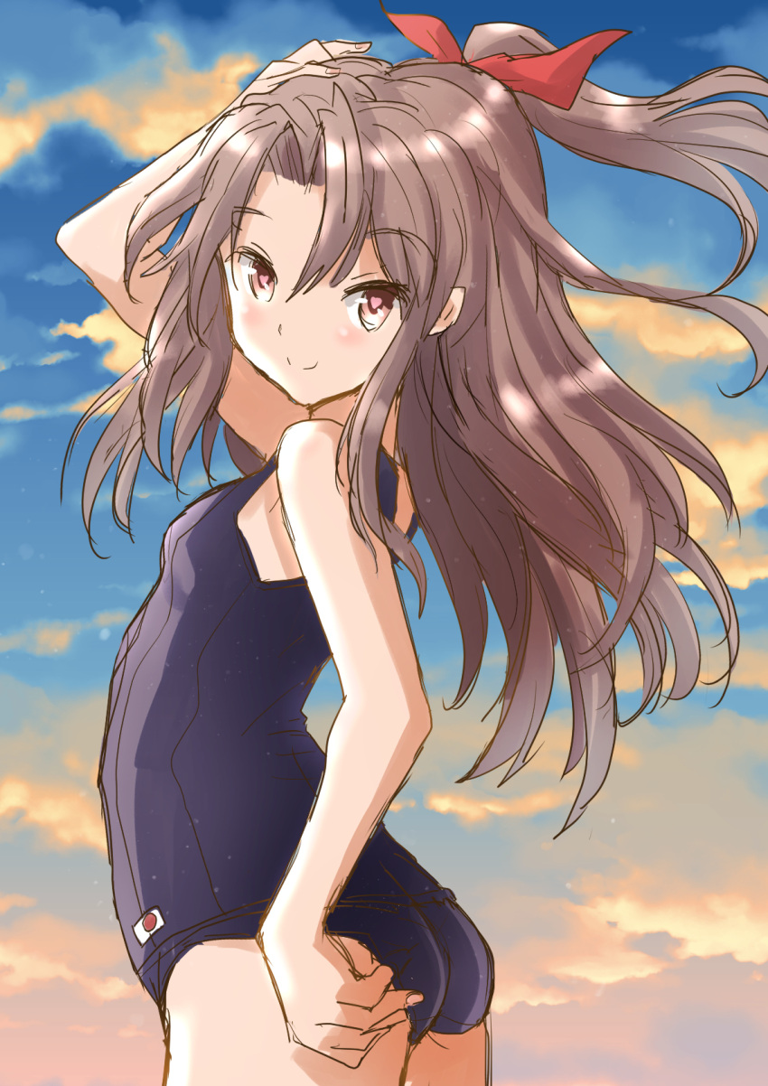 1girl ass back black_swimsuit blush breasts clouds cloudy_sky eyebrows fuji_(pixiv24804665) hachimaki hand_on_own_head headband high_ponytail highres japanese_flag kantai_collection light_brown_hair long_hair looking_at_viewer looking_back old_school_swimsuit one-piece_swimsuit outdoors school_swimsuit sky small_breasts sunlight sunset swimsuit yellow_eyes zuihou_(kancolle)