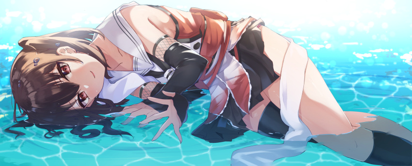 1girl ajifry39 asymmetrical_legwear black_gloves black_legwear black_skirt brown_eyes brown_hair commentary_request dress elbow_gloves fingerless_gloves gloves highres kantai_collection kneehighs looking_at_viewer neckerchief partially_submerged pleated_dress remodel_(kantai_collection) sailor_collar scarf school_uniform sendai_(kancolle) serafuku shirt single_kneehigh single_thighhigh skirt sleeveless sleeveless_shirt solo thigh-highs two_side_up water white_sailor_collar white_scarf