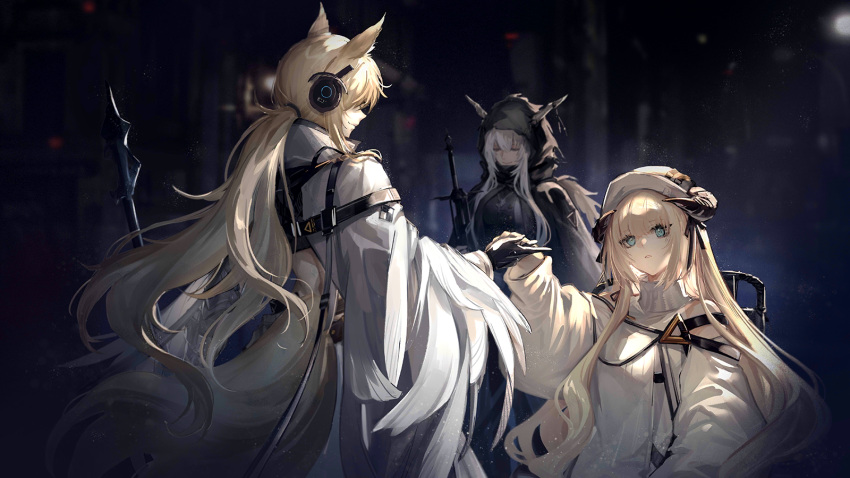 3girls animal_ears arknights beret black_cloak black_gloves black_ribbon blonde_hair blue_eyes chair cloak closed_eyes dress game_cg gloves hair_ribbon hat highres holding_hands hood hooded_cloak horns horns_through_hood horse_ears long_hair long_sleeves low_ponytail multiple_girls nearl_(arknights) nearl_the_radiant_knight_(arknights) nightingale_(arknights) official_art parted_lips ribbon ryuuzaki_ichi shining_(arknights) silver_hair smile turtleneck very_long_hair white_dress white_headwear