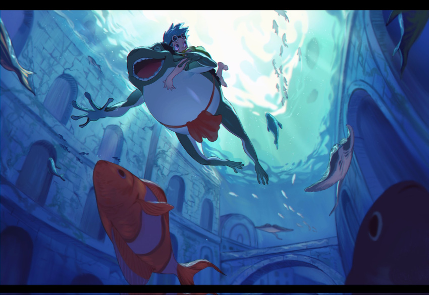 1boy architecture blue_hair blue_theme clownfish fish franky frog from_below highres loincloth male_focus one_piece qin_(7833198) scenery solo underwater
