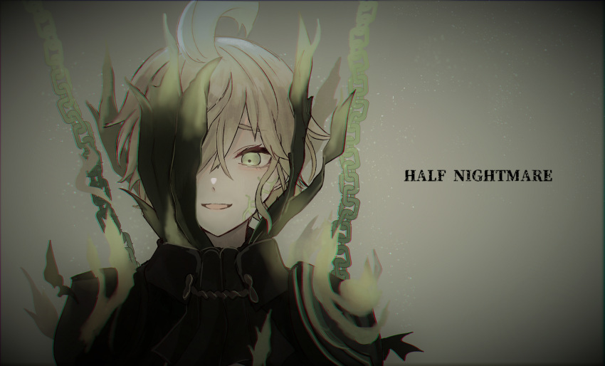 1boy :d akitama2727 antenna_hair bangs chain green_background green_eyes green_hair hair_between_eyes hair_over_one_eye long_sleeves looking_at_viewer open_mouth pinocchio_(sinoalice) short_hair simple_background sinoalice smile solo