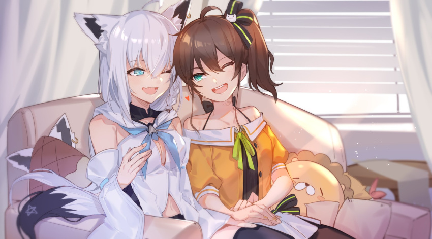 2girls ahoge animal_ear_fluff animal_ears aqua_eyes bangs black_legwear black_ribbon braid brown_hair cat_hair_ornament dark_talker ear_piercing earrings eyebrows_visible_through_hair fang fox_ears fox_girl fox_tail green_neckwear hair_between_eyes hair_ornament hair_ribbon halterneck highres hololive jacket jewelry long_hair miniskirt multiple_girls natsuiro_matsuri neck_ribbon off-shoulder_jacket off_shoulder one_eye_closed orange_jacket piercing pleated_skirt ribbon shirakami_fubuki short_sleeves side_braid side_ponytail side_slit silver_hair single_earring skin_fang skirt stuffed_animal stuffed_toy tail upper_teeth white_hair white_skirt