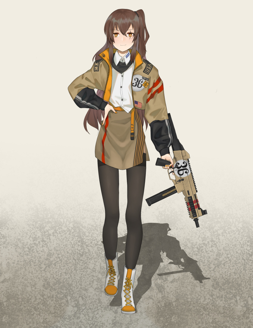 1girl american_flag black_legwear boots brown_eyes brown_hair brown_jacket brown_skirt chuck_(harfmoondark) closed_mouth counter_strike:_global_offensive eyebrows_visible_through_hair girls_frontline gun h&amp;k_ump hand_on_hip highres holding holding_weapon jacket long_hair looking_at_viewer nail_polish open_clothes open_jacket pantyhose scar scar_across_eye shirt simple_background skirt smile solo standing submachine_gun ump45_(girls_frontline) uniform weapon white_footwear white_shirt yellow_nails