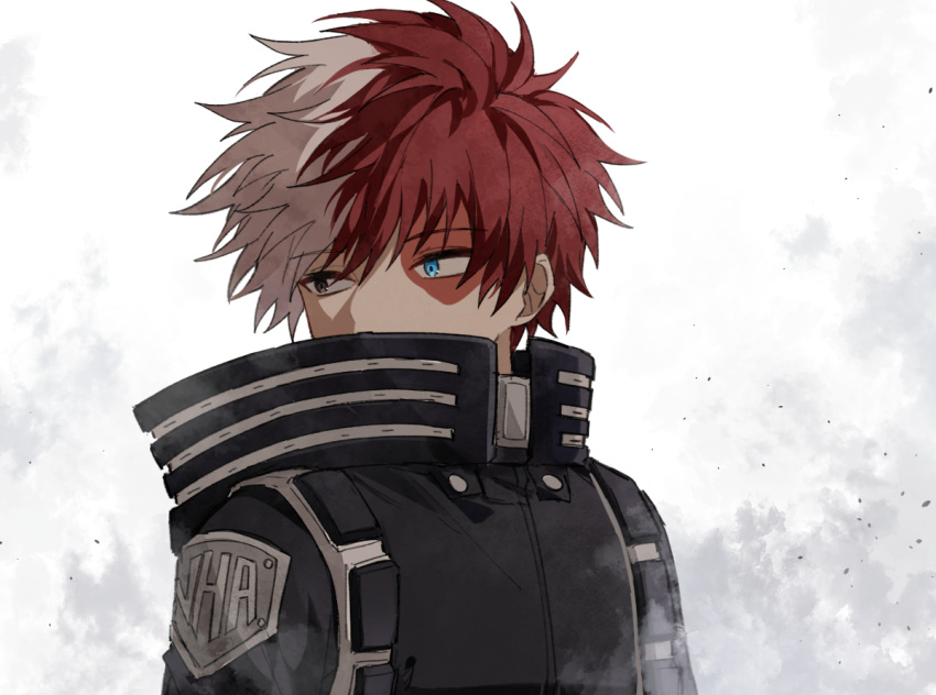 1boy bangs black_jacket blue_eyes boku_no_hero_academia burn_scar coi_mha copyright_name covered_mouth eyebrows_visible_through_hair grey_background grey_eyes heterochromia high_collar jacket looking_away looking_to_the_side male_focus multicolored_hair official_alternate_costume redhead scar short_hair solo todoroki_shouto two-tone_hair upper_body white_hair
