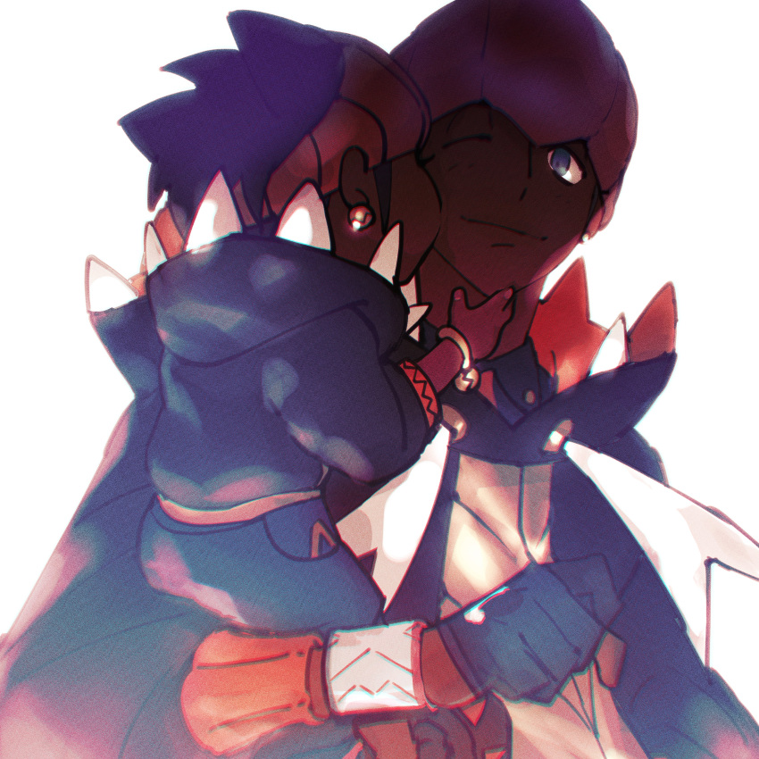 2boys absurdres black_hoodie carrying closed_mouth collared_shirt commentary_request dark-skinned_male dark_skin dynamax_band earrings gloves grey_eyes gym_leader highres hood hoodie jewelry kiss kissing_cheek male_focus mer_(watercups) multiple_boys one_eye_closed orange_headwear partially_fingerless_gloves pokemon pokemon_(game) pokemon_swsh raihan_(pokemon) shirt smile white_background younger