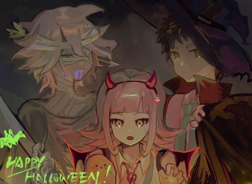 1girl 2boys bandages bangs black_headwear blood blood_from_mouth blue_blood blush brown_cape brown_eyes brown_hair cape collared_shirt commentary_request dangan_ronpa_(series) dangan_ronpa_2:_goodbye_despair demon_horns fake_horns fang frown gradient gradient_background green_neckwear grey_background grey_hair hair_between_eyes halloween_costume hands_up happy_halloween hat hinata_hajime horns komaeda_nagito laver_(1090792977) looking_at_viewer messy_hair multiple_boys mummy nanami_chiaki necktie open_mouth pink_hair red_horns shiny shiny_hair shirt short_hair white_shirt witch_hat
