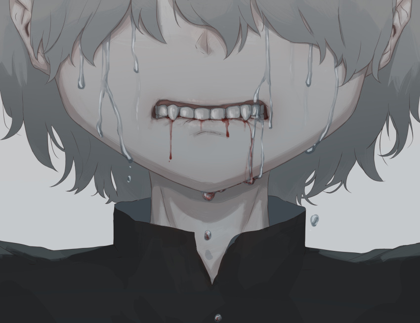1boy absurdres avogado6 black_shirt bleeding blood clenched_teeth commentary_request covered_eyes crying facing_viewer fangs grey_background grey_hair hair_over_eyes highres male_focus original shirt simple_background solo tears teeth vampire